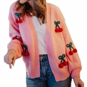 Luna Ivy Pink 3D Cherry Embellished Open Front Cardigan XS